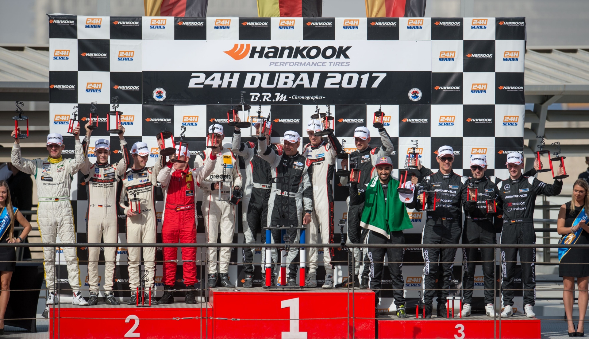 24h Dubai 2017 Podium - Porsche and Mercedes-AMG