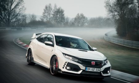 2017 Honda Civic Type R - White Exterior - Front Left Side Quarter - Dynamic - Nurburing Lap Record