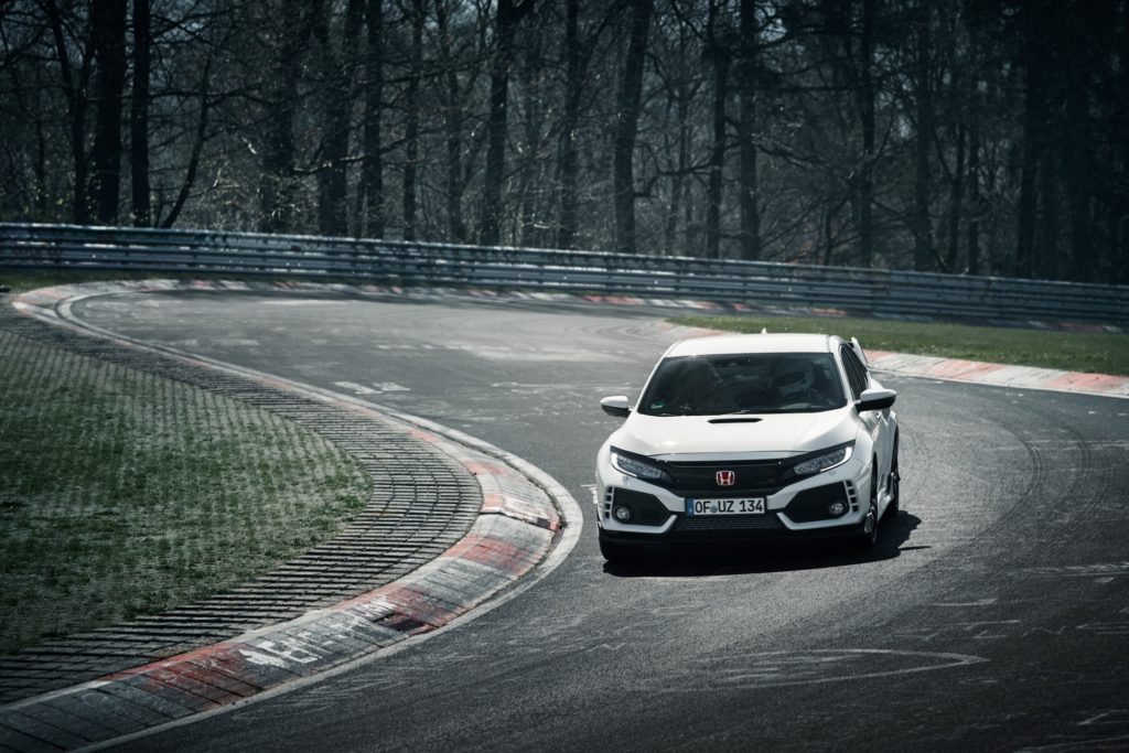 2017 Honda Civic Type R - White Exterior - Front Side Quarter - Dynamic - Around A Corner - Nurburing Lap Record