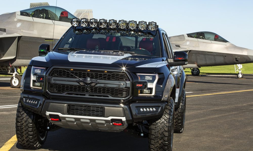 Ford F-150 Raptor F-22 Concept along side Lockheed Martin F-22 Raptor - Black Exterior - Front