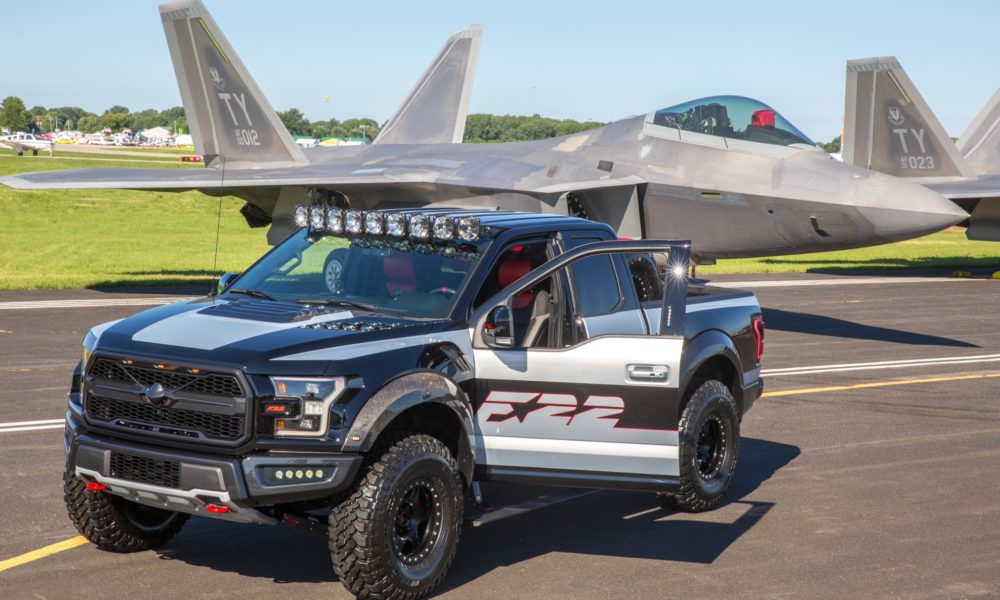 Ford F-150 Raptor F-22 Concept along side Lockheed Martin F-22 Raptor - Black Exterior - Front Side View - Open Door